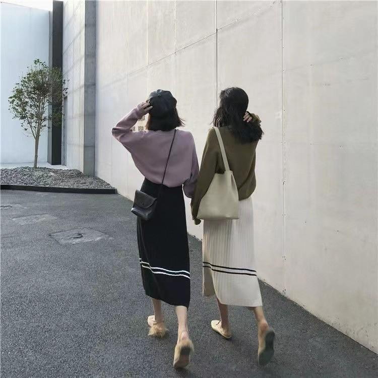 MS969 Chân váy midi len xoè kẻ ngang, chân váy len dài Quảng Châu