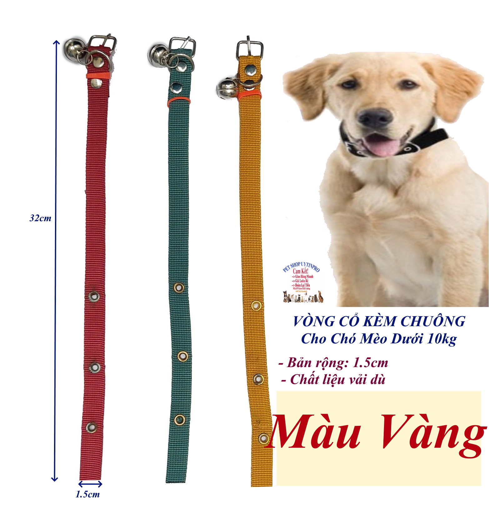 Vòng cổ kèm chuông cho Chó Mèo dưới 10kg Bản rộng 1.5cm Chất liệu vải dù Có gài điều chỉnh Giúp thú cưng dễ chịu khi đeo