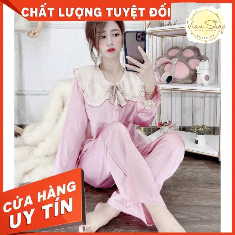 Bộ pijama dài tay, Đồ bộ ngủ mặc nhà dài tay lụa satin cao cấp, cổ phối bèo nơ tiểu thư