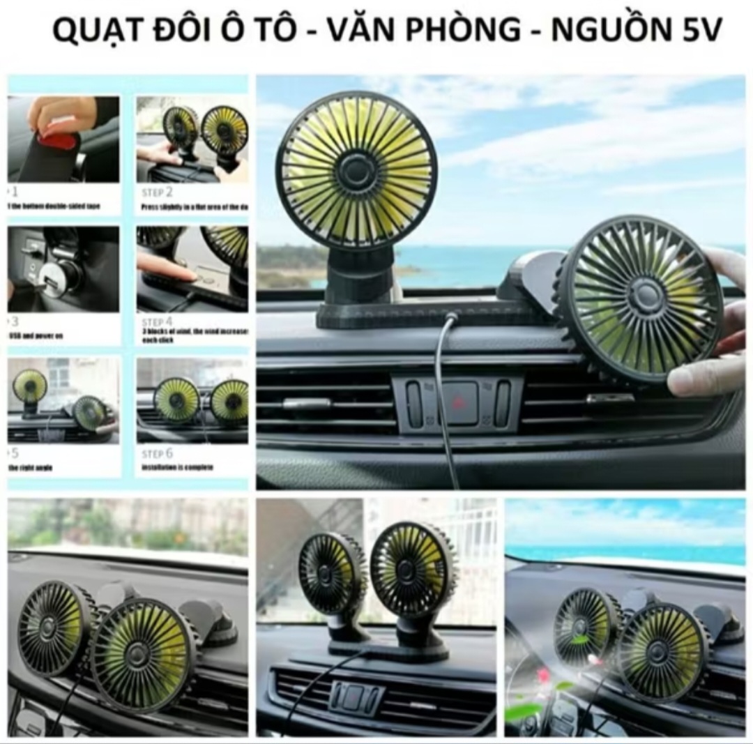 QUẠT ĐÔI XOAY 360 TRÊN XE HƠI ÔTÔ 3 CẤP ĐỘ GIÓ SIÊU MÁT LẠNH