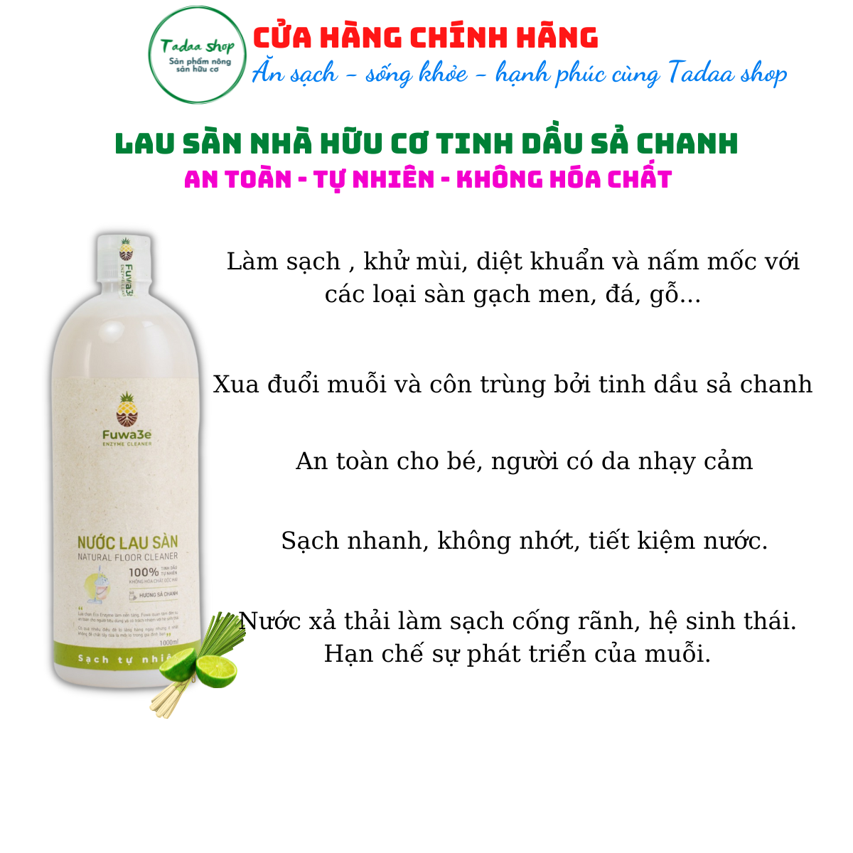 Nước lau sàn hữu cơ Fuwa3e hương sả chanh, sạch bóng thơm mát nhà cửa chai 1 Lit