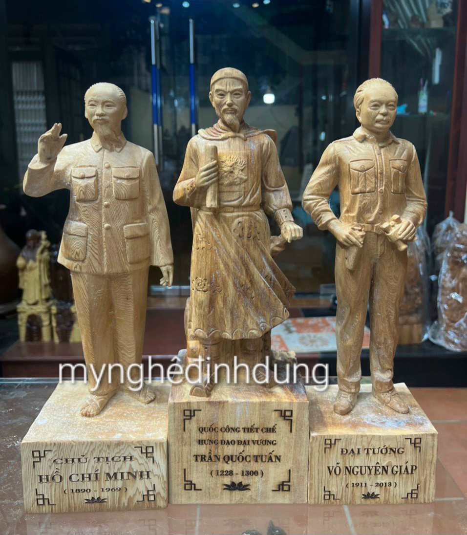 Combo 3 Tượng bác hồ ,trần quốc tuấn, đại tướng võ nguyên giáp bằng gỗ ngọc am thơm nức kt cao 40cm