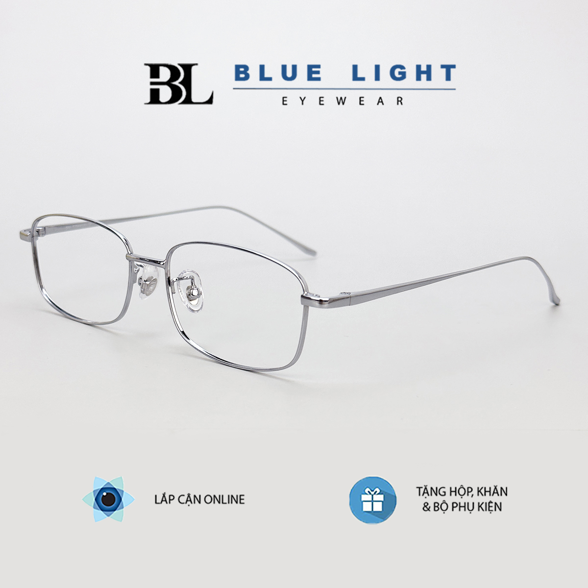 Gọng Kính Cận, Kính Giả Cận Nam Nữ TITANIUM Mắt Vuông Nhỏ Xíu, Cao Cấp Siêu Nhẹ, Full Đen, Bạc - BLUE LIGHT
