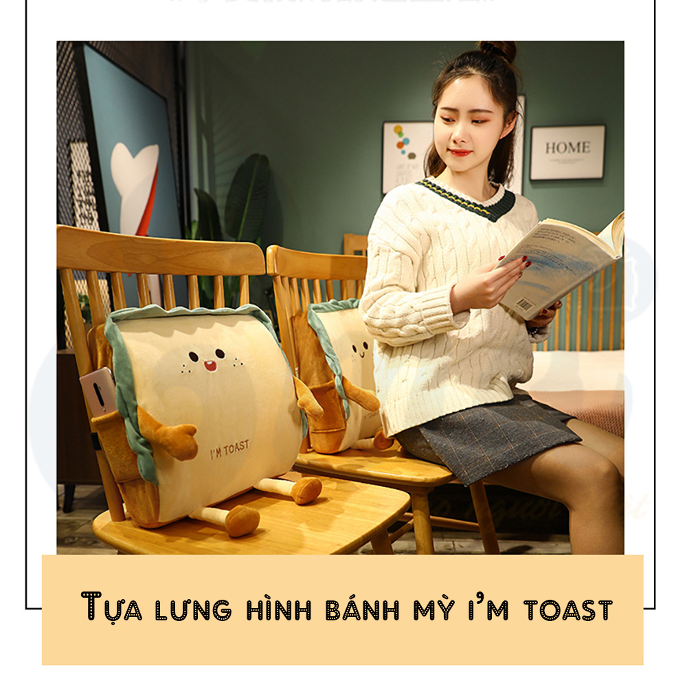 Gối kê lưng văn phòng, ô tô dễ thương, tựa lưng cao su non I'M TOAST kèm túi đựng bên hông tiện lợi - Hàng nhập khẩu