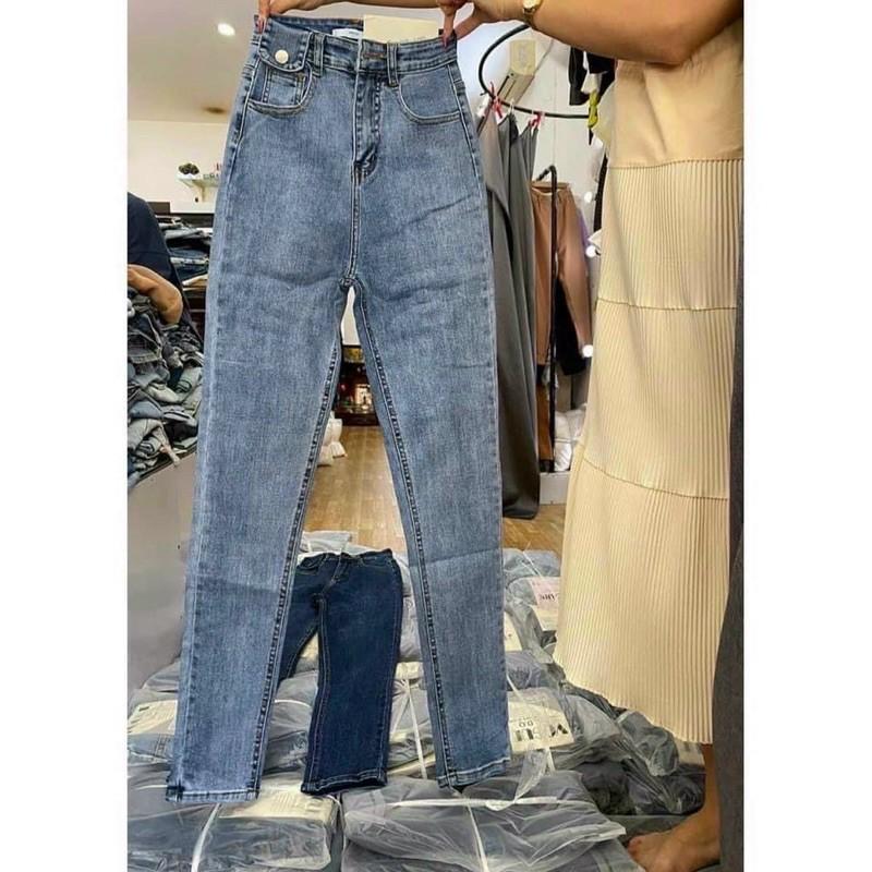 Quần jean nữ cạp cao túi nắp 2 màu xanh đậm xanh nhạt quần bò cạp cạp cao dáng ôm thời trang Banamo Fashion 763