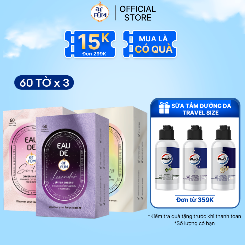 Combo 3 Giấy Thơm Arfum Dùng Cho Máy Sấy Làm Mềm Vải Và Chống Tĩnh Điện , Khử Mùi Tủ Giày, Tủ Quần Áo (60 Tờ/ Hộp)
