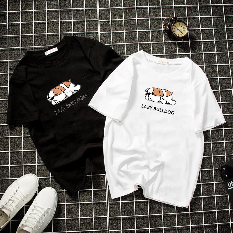 Áo thun unisex form rộng in lazy bulldog vải dày mịn 2019T1156