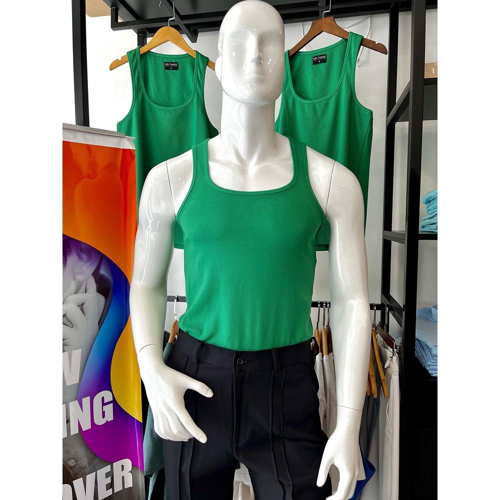 Áo Thun Ba Lỗ Tank Top Nam Cổ Vuông Màu Xanh Cotton Tăm Gân Tôn Dáng Thương Hiệu Mr Twins