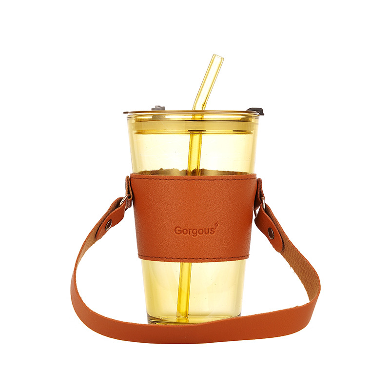 Cốc Thuỷ Tinh Bọc Da 450ml Ly Cao Kèm Ống Hút