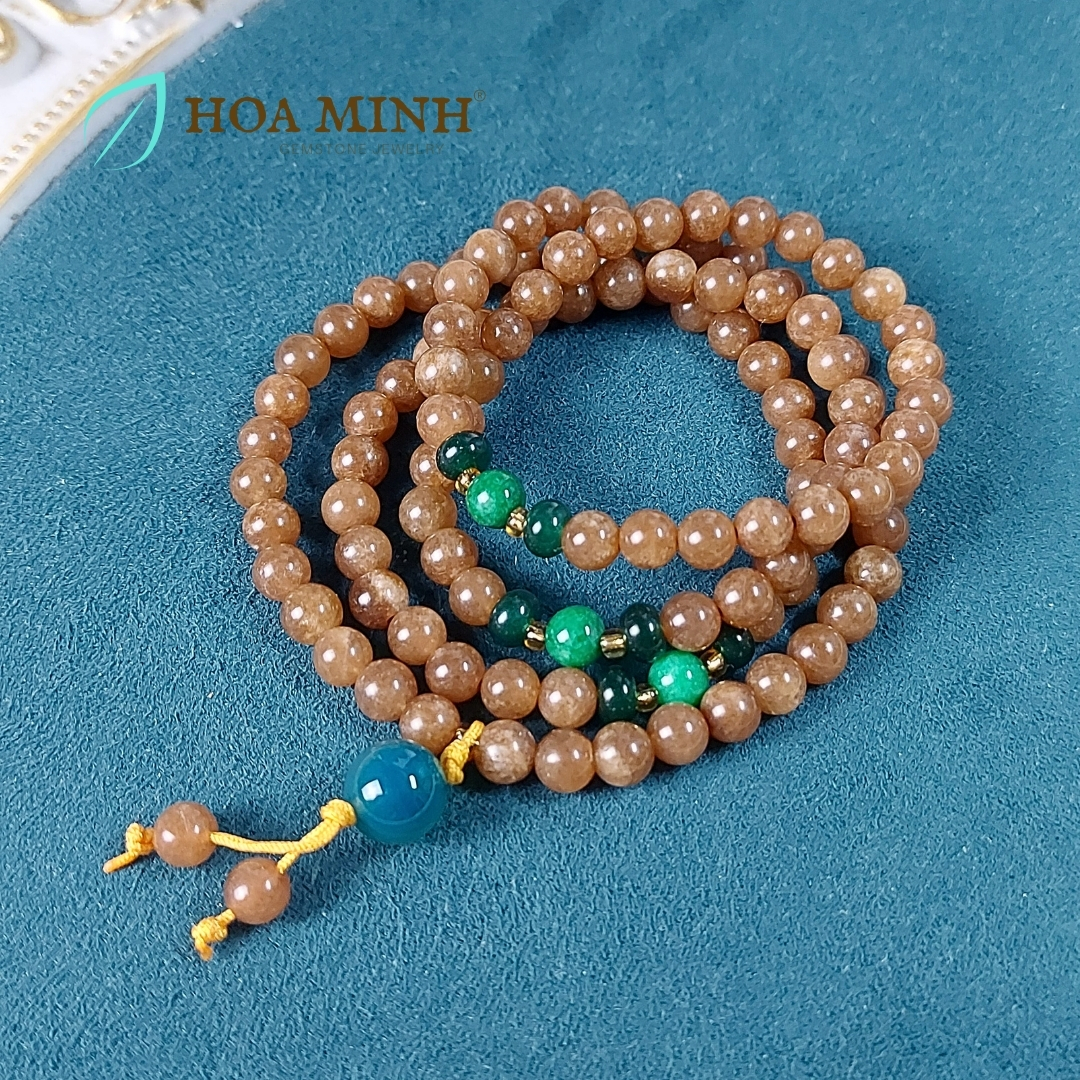 Vòng tay chuỗi 108 hạt đá Mã Não màu nâu ngọc hoà điền size 6.5 li phối bánh xe mã não, cẩm thạch sơn thủy, tài lộc bình an
