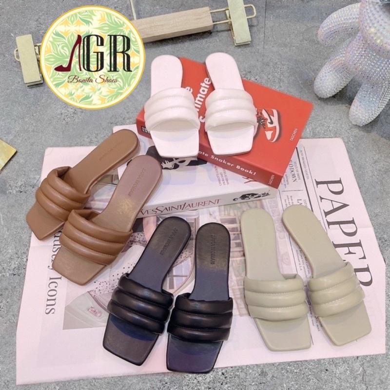 Dép bản 3 viền sọc phồng da mềm đế xịn