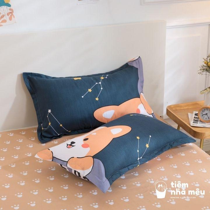 Bộ Chăn Ga Gối Cotton 80% m6/m8/2m - Full size Tiệm Nhà Mêu 2 Vỏ gối ,drap , vỏ chăn Cotton Chó Chiba Nhập Khẩu Sale