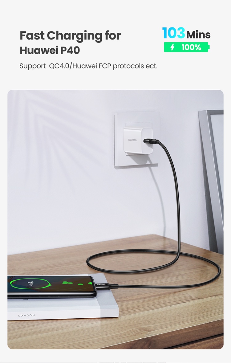 Dây cáp sạc nhanh UGREEN 4.0/3.0 5A 100W USB C hàng chính hãng