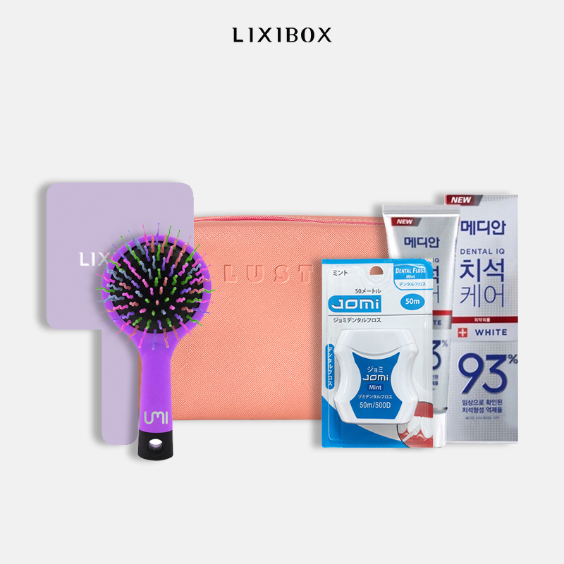 [HB Gift Lixibox] Combo Chỉ Nha Khoa Jomi, Lược Gỡ Rối Umi - Purple, Kem Đánh Răng Median, Lustre Rush Hours Makeup Bags, Gương Cầm Tay Lixibox- Purple