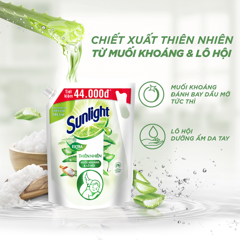 Nước rửa chén Sunlight Bio-care Thiên Nhiên 100% Gốc thực vật - Muối Khoáng Lô Hội Túi 3.3KG