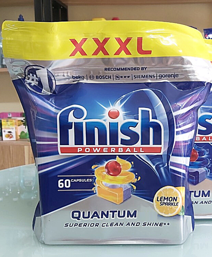 Túi 60 viên rửa chén Finish Quantum All in 1 (Hương Chanh) – Dành cho máy rửa chén bát gia đình Châu Âu