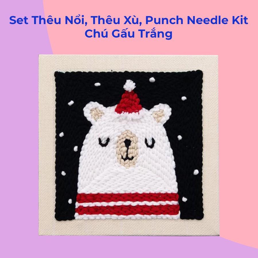 Set Thêu Nổi Thêu Xù Punch Needle Kit Gấu Trắng Trong Đêm Tuyết Dùng Len Sợi Đan Móc Dành Cho Người Mới Bắt Đầu