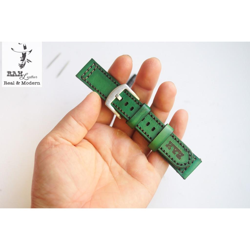 Dây đồng hồ da bò vegtan thảo mộc Ý nhuộm màu thủ công bền chắc - RAM Pilot xanh rêu