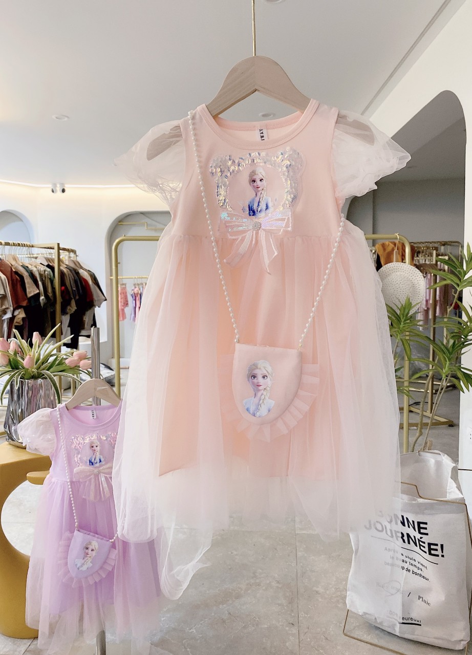 Váy công chúa bé gái cộc tay tặng túi, Đầm dự tiệc cho bé 1-6 tuổi hình Elsa kuromi lấp lánh vải ren điệu đà đáng yêu
