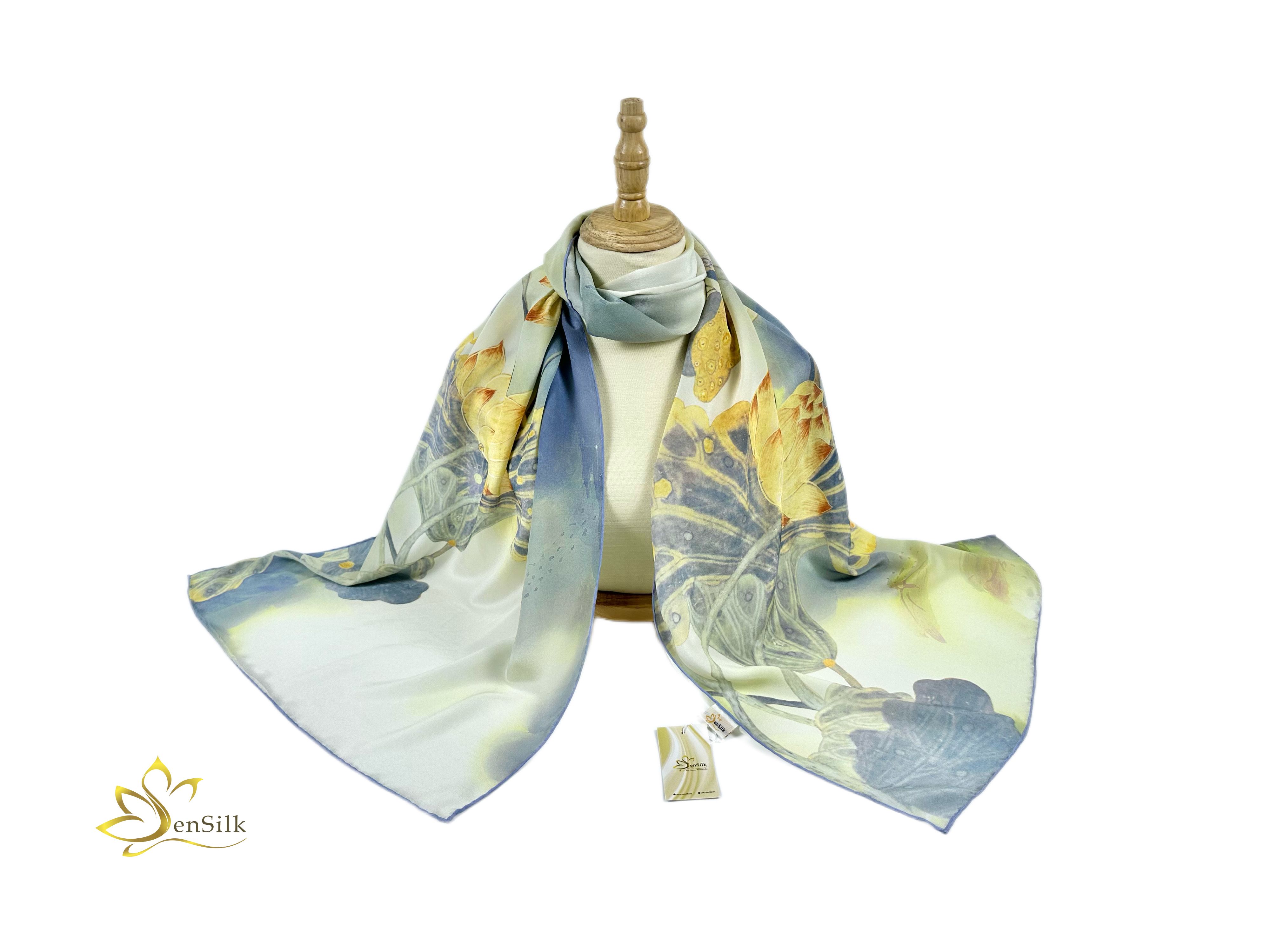 Khăn Lụa in Sen Vàng SenSilk KLDI01 - 100% Mulberry Silk Printed Scarf - Quà Tặng Việt Nam