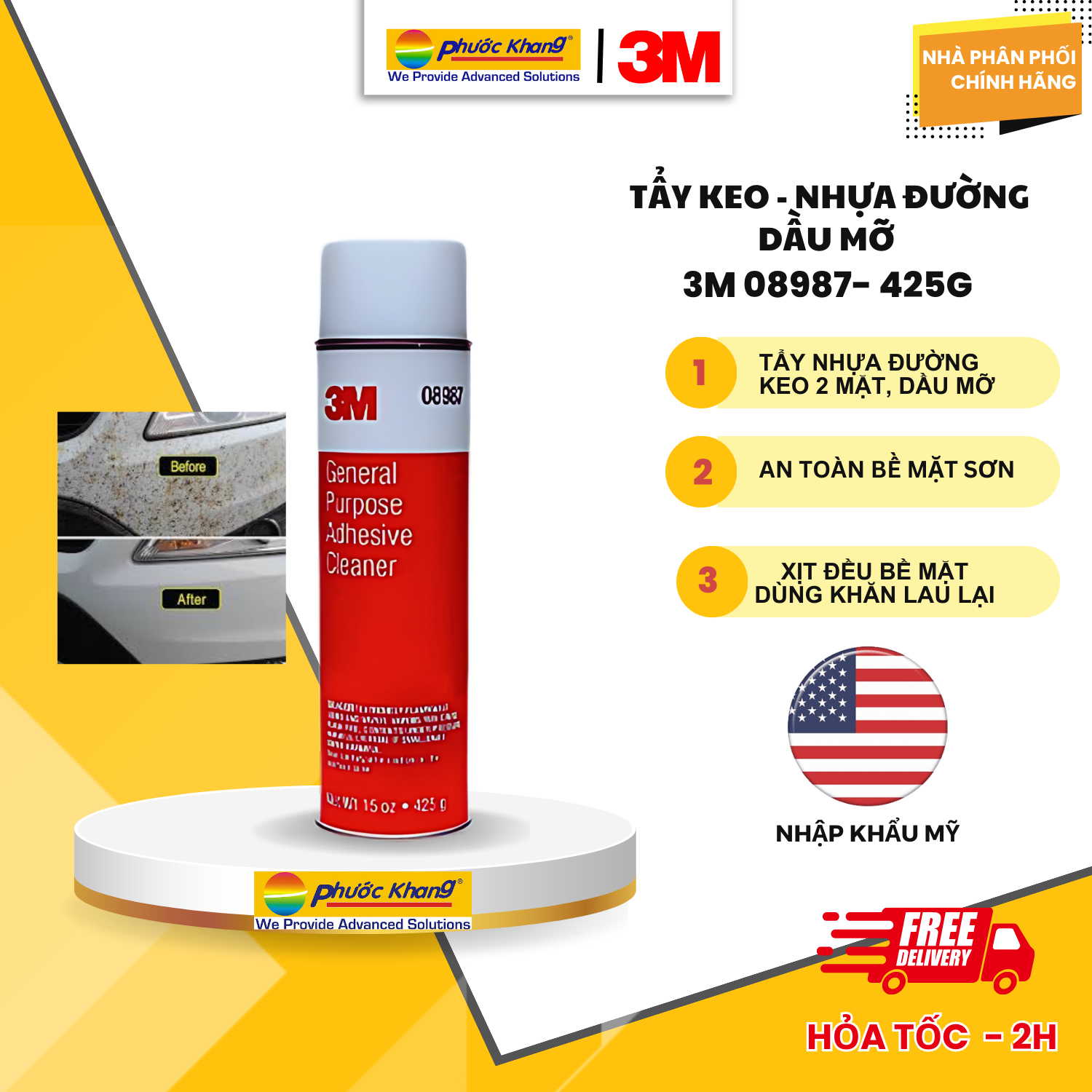 Dung dịch tẩy keo- nhựa đường 3M 08987- Nhập khẩu Mỹ 425g ( keo 2 mặt, nhựa đường, keo logo tem nhãn,...)