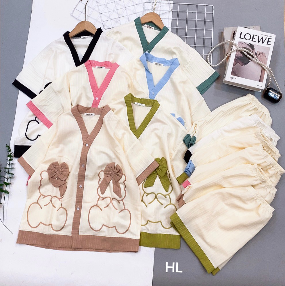 Đồ bộ nữ pijama mặc nhà, bộ ngủ dễ thương freesize dưới 57kg quần cộc áo cộc chất vải đũi xốp mềm cho mùa hè