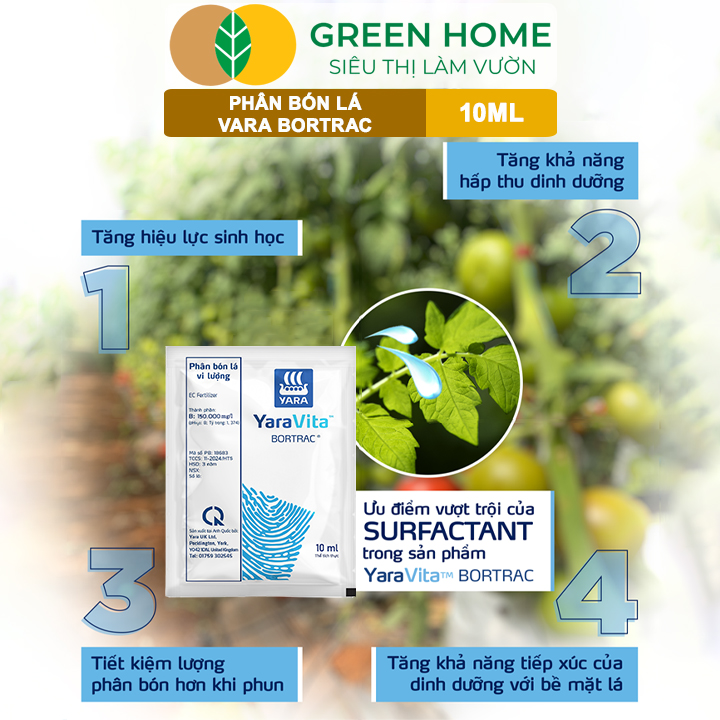 Phân Bón Lá Bortrac GreenHome. Gói 10ml, Giúp Tăng Sức Sống Hạt Phấn, Hạn Chế Rụng Hoa – Trái Non