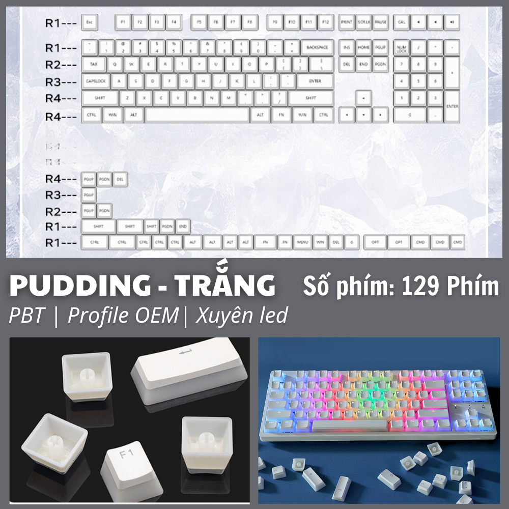 Phím Keycap Lẻ Xuyên Led Pudding Langtu Profile OE.M Chất Liệu PBT Đen Trắng Hàng Chính Hãng