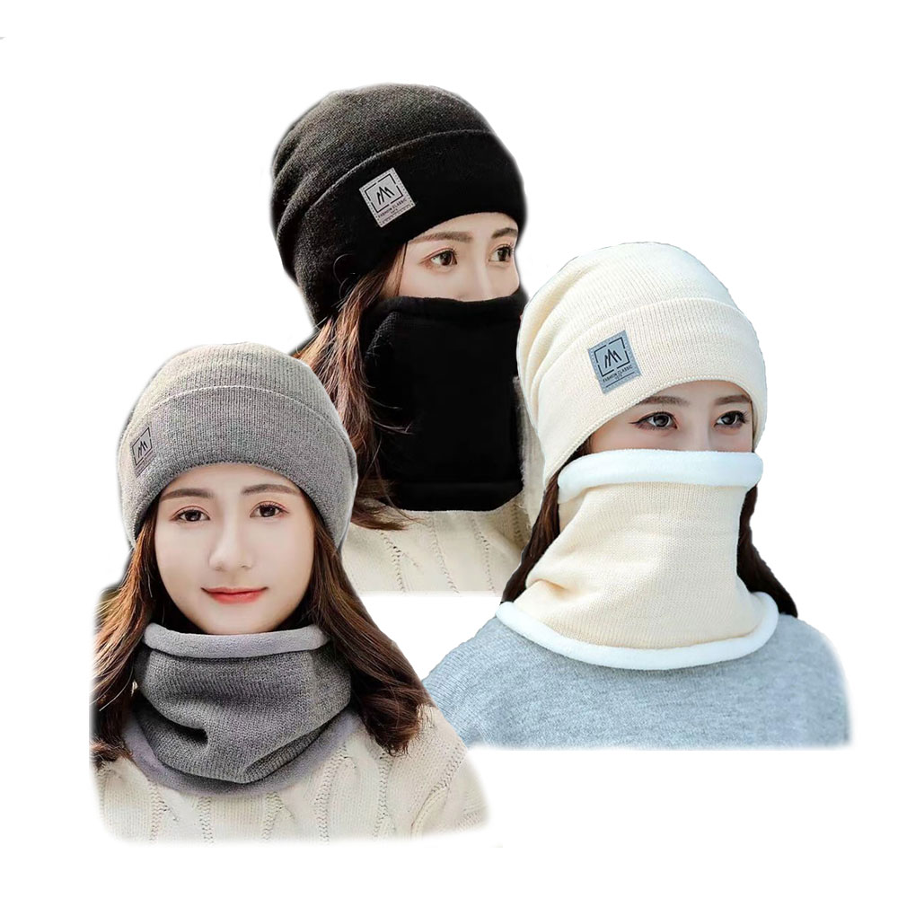 Mũ len lót lông kèm khăn ống mềm mịn giữ ấm mùa đông Unisex nam nữ