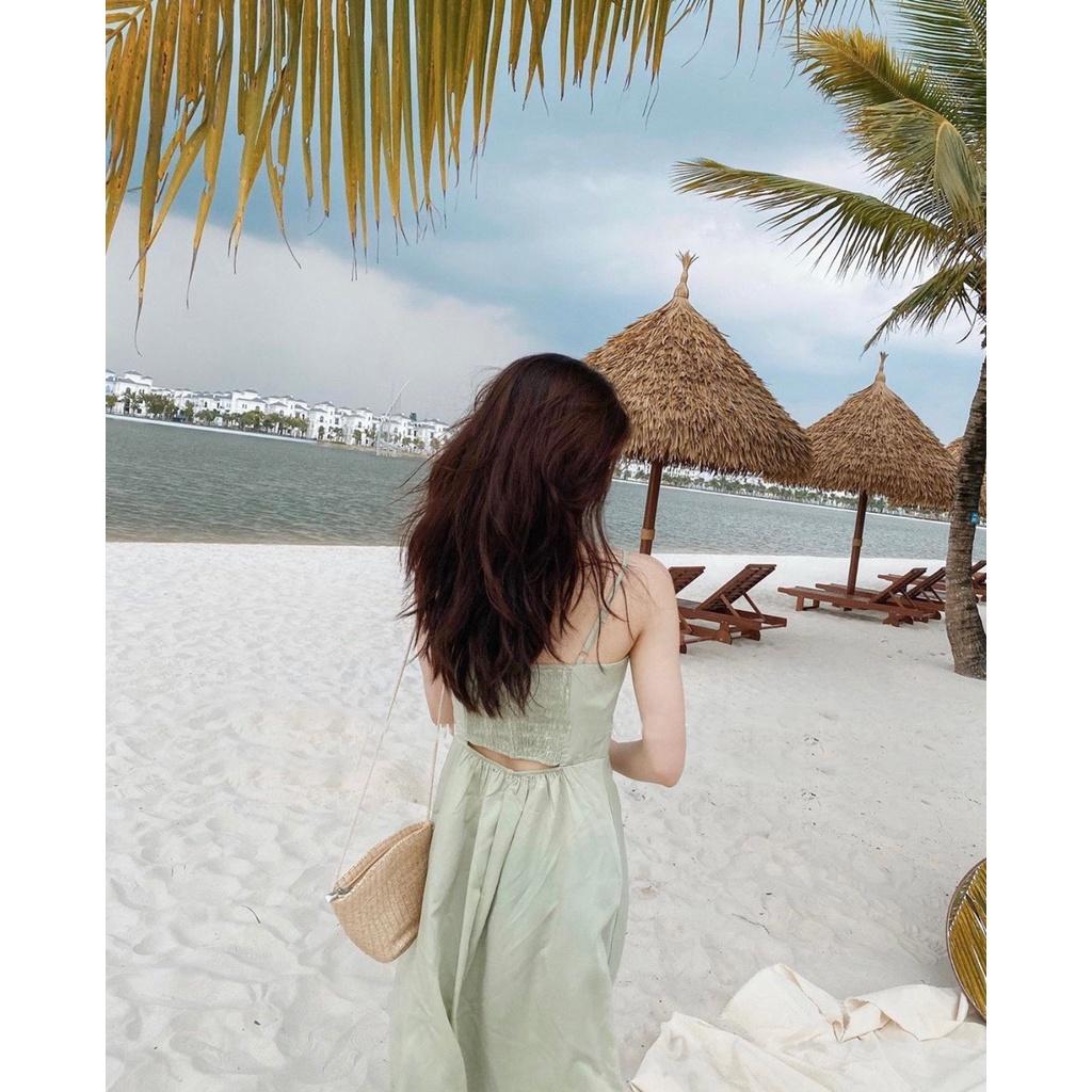 225 - ĐẦM HAI DÂY XANH CỔ VUÔNG