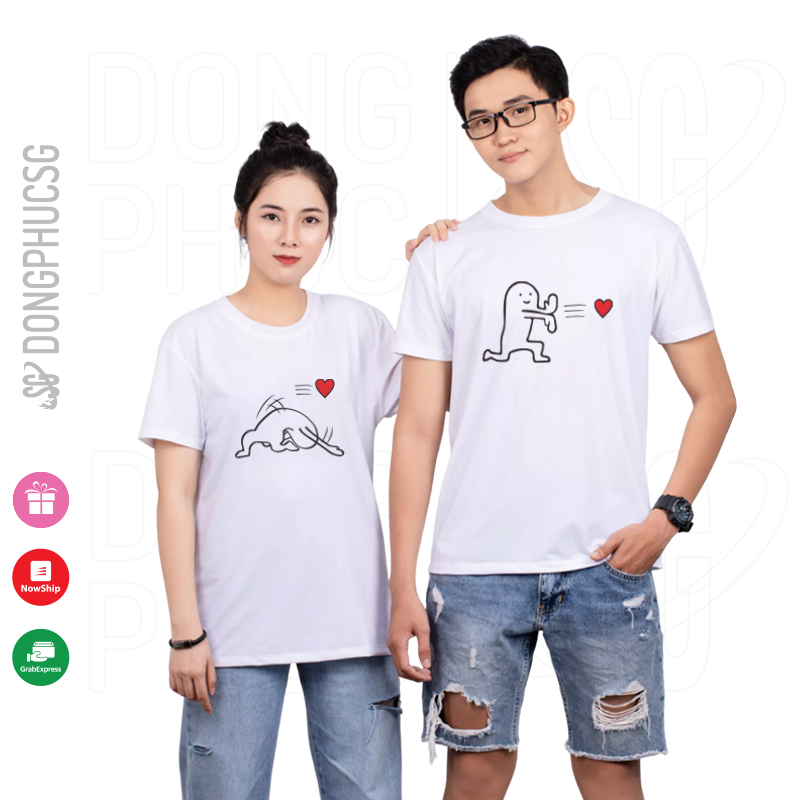 Áo cặp đôi dễ thương thun cotton mềm mịn cổ tròn tay ngắn màu trắng mẫu AC101T DONGPHUCSG