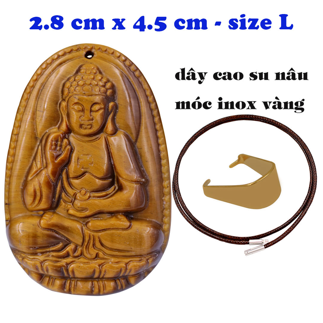 Mặt Phật A di đà đá mắt hổ 4,5 cm kèm vòng cổ dây cao su nâu - mặt dây chuyền size lớn - size L, Mặt Phật bản mệnh