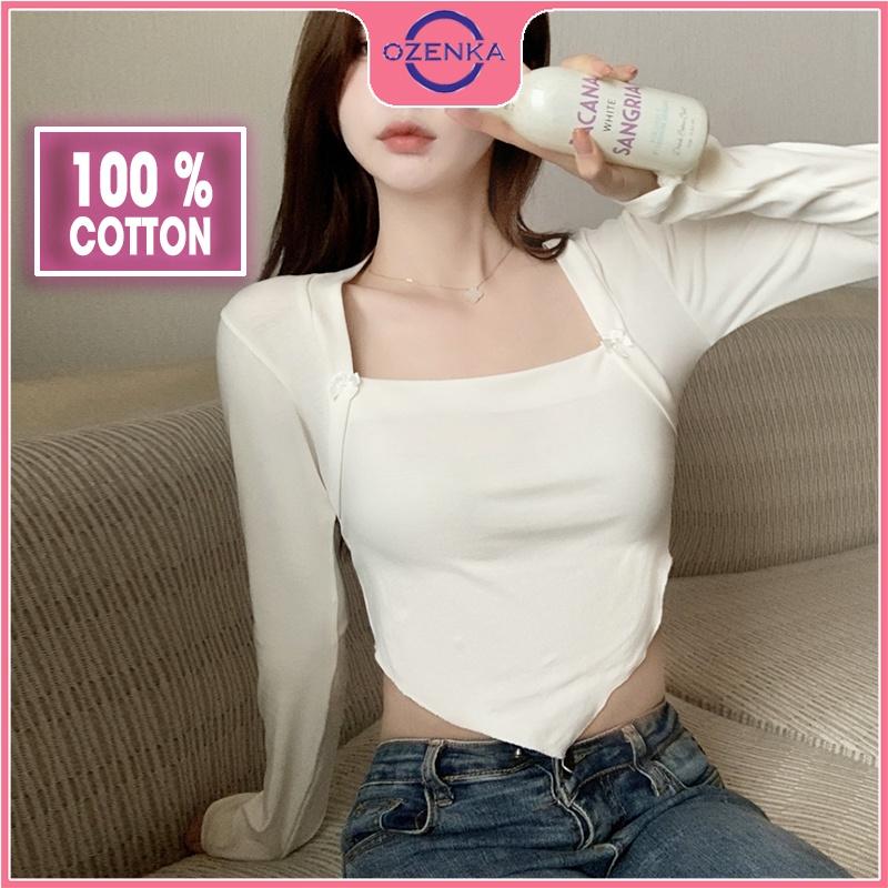 Áo croptop tay dài cổ vuông vạt yếm , crt ôm nữ đen trắng thun gân 100% cotton free size dưới 52 kg