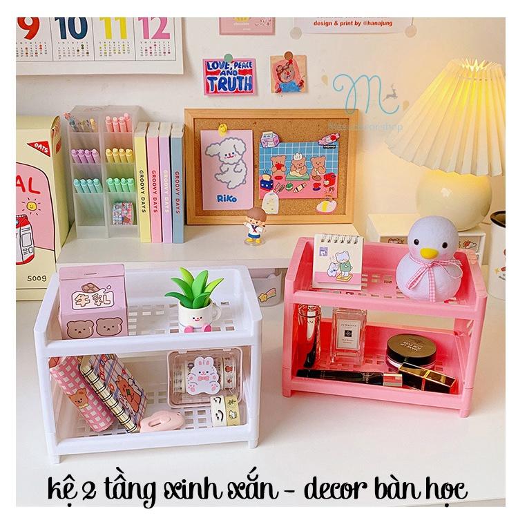 Kệ nhựa 2 tầng mini đựng đồ gọn nhẹ dùng decor bàn học, phòng bếp