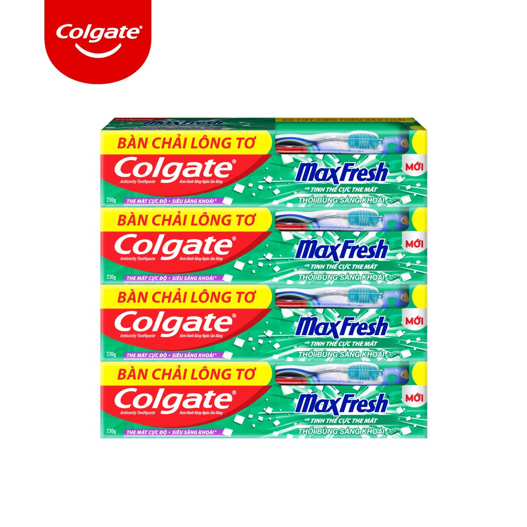 Combo Bộ 4 Kem đánh răng Colgate the mát thổi bùng sảng khoái Maxfresh 230g tặng bàn chải đánh răng lông tơ + tặng 1 Lốc Trident