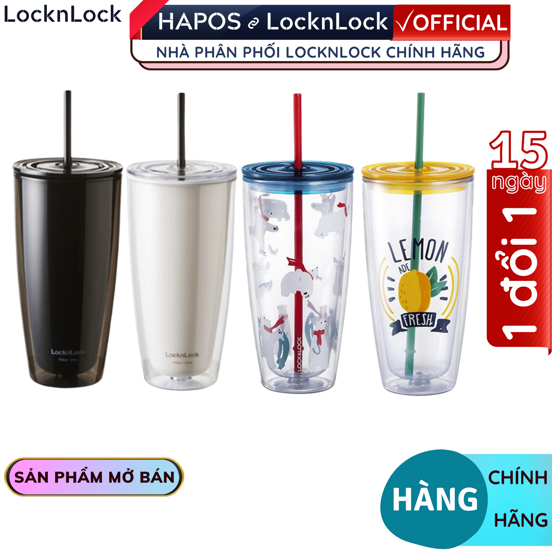 Ly nhựa 2 Lớp Lock&Lock 750ml HAP507 - Hàng chính hãng kèm ống hút và cọ rửa - Hapos