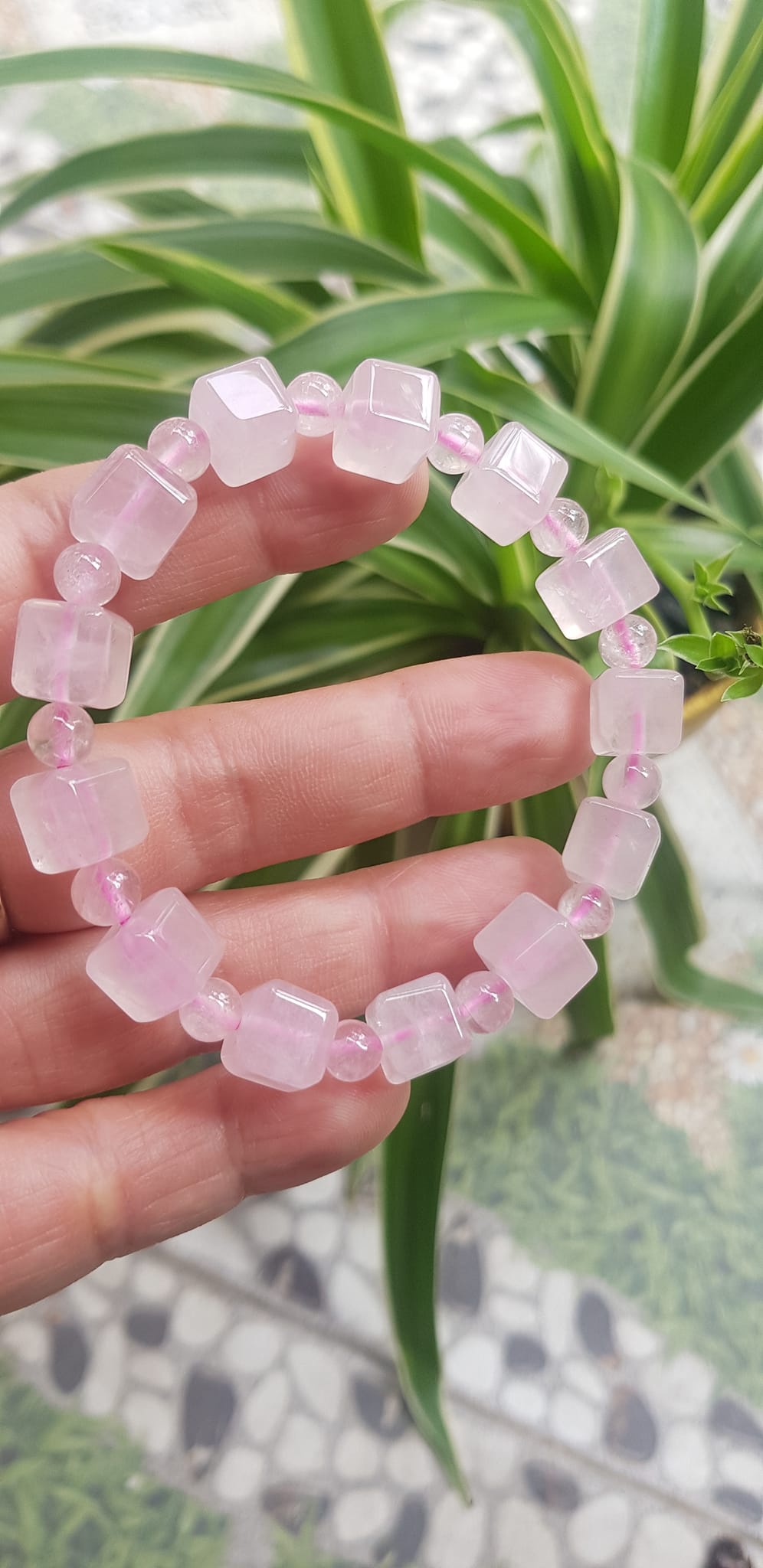 Vòng tay nữ kiểu đá thạch anh hồng tự nhiên hạt vuông tròn đan xen rất là đẹp Size hạt vuông 9mm phối bi nhỏ 6mm màu hồng tươi nhẹ nhàng nữ mệnh hỏa mệnh thổ đeo có 499k ạ