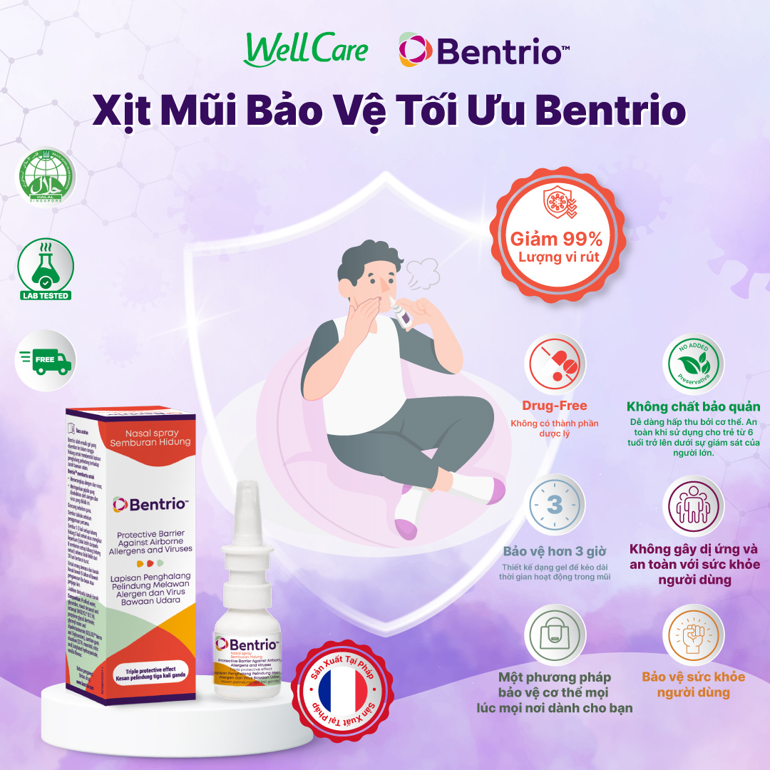 Bình xịt mũi Bentrio Nasal Spray hỗ trợ ngăn ngừa vi khuẩn, bụi bẩn và các tác nhân gây dị ứng trong không khí