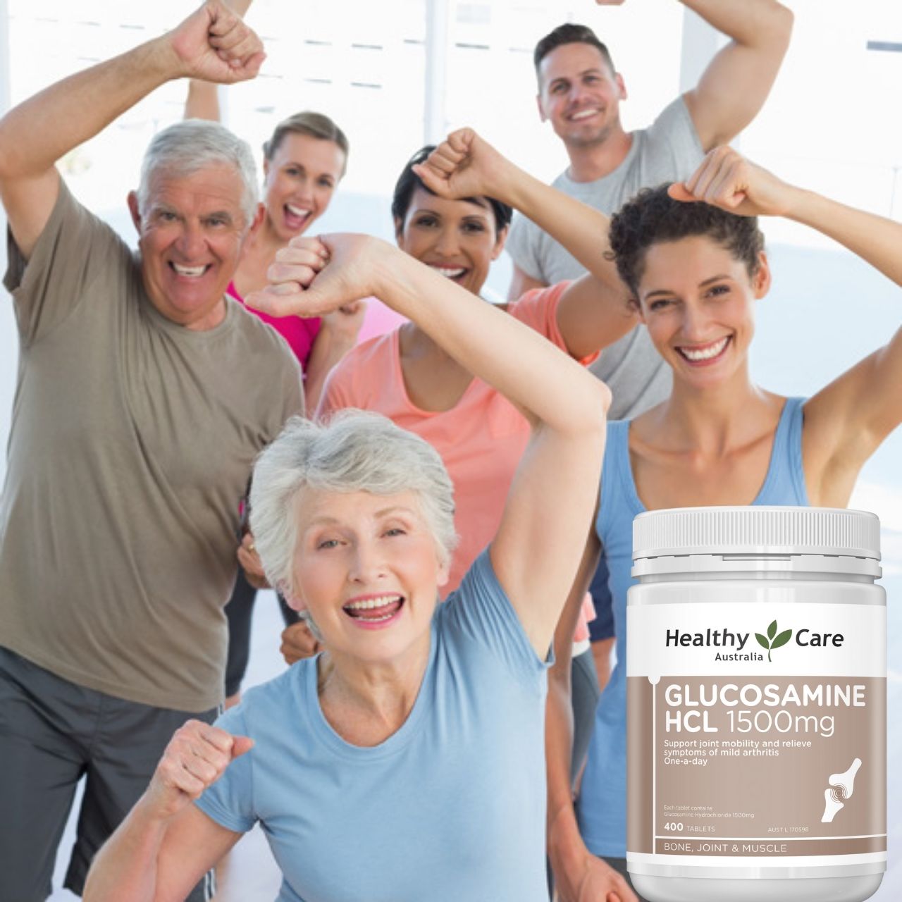 Hình ảnh Glucosamine Úc Healthy Care HCL 1500mg Hỗ trợ giảm đau nhức xương khớp, tăng trưởng và hồi phục sụn, sản xuất chất nhầy cho khớp - Massel Official - 400Viên/Hộp