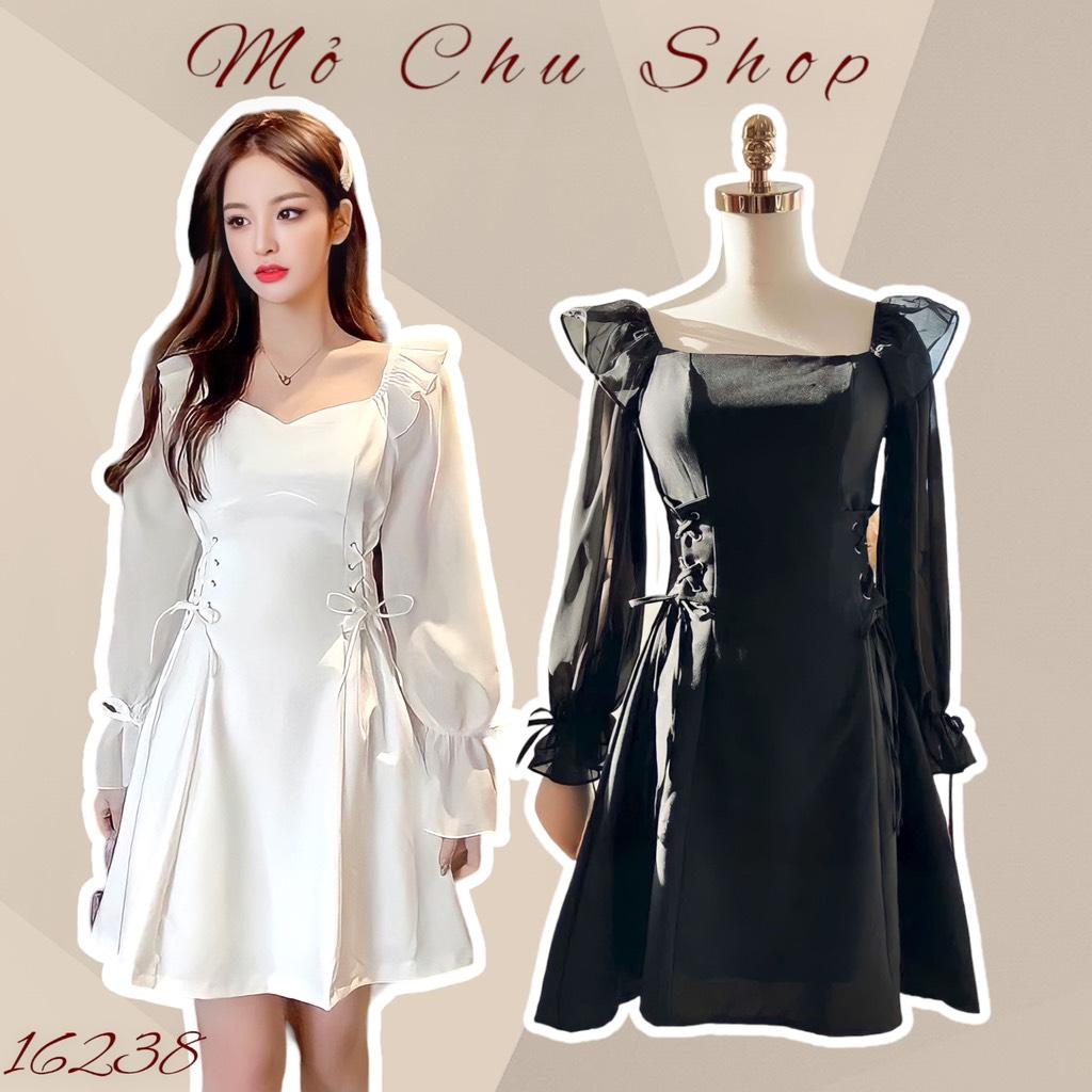 Đầm xòe cổ vuông đan eo dài tay