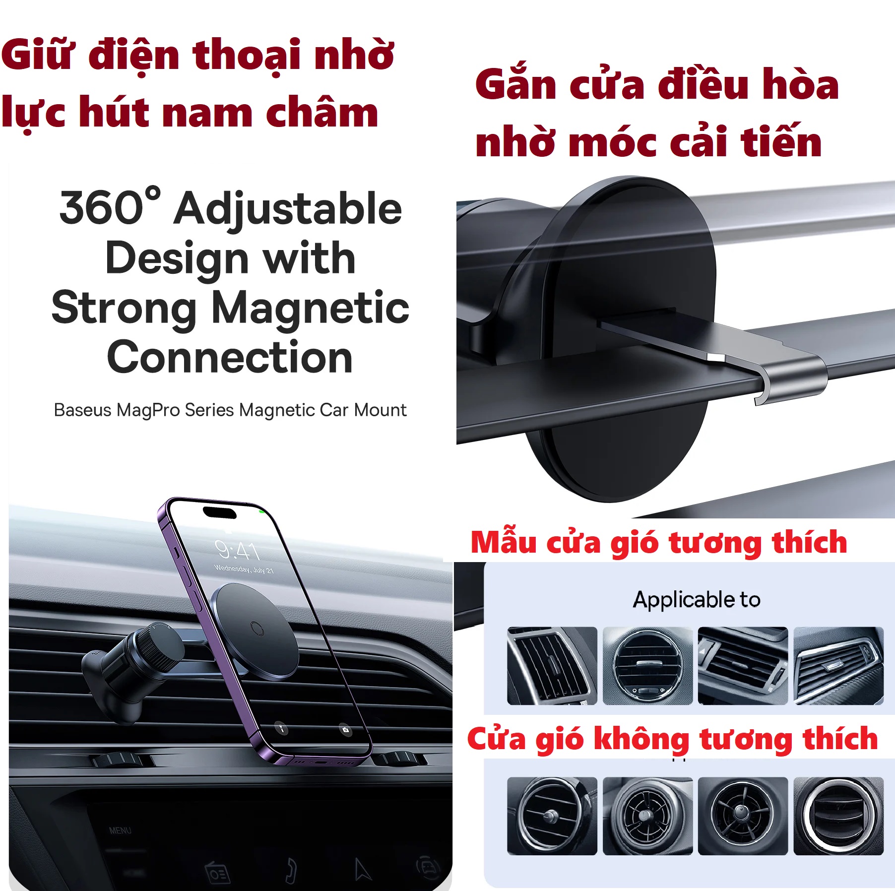 Giá đỡ điện thoại nam châm gắn cửa gió ô tô cho iPhone Baseus MagPro Car Mount BS-CW02 - Hàng chính hãng