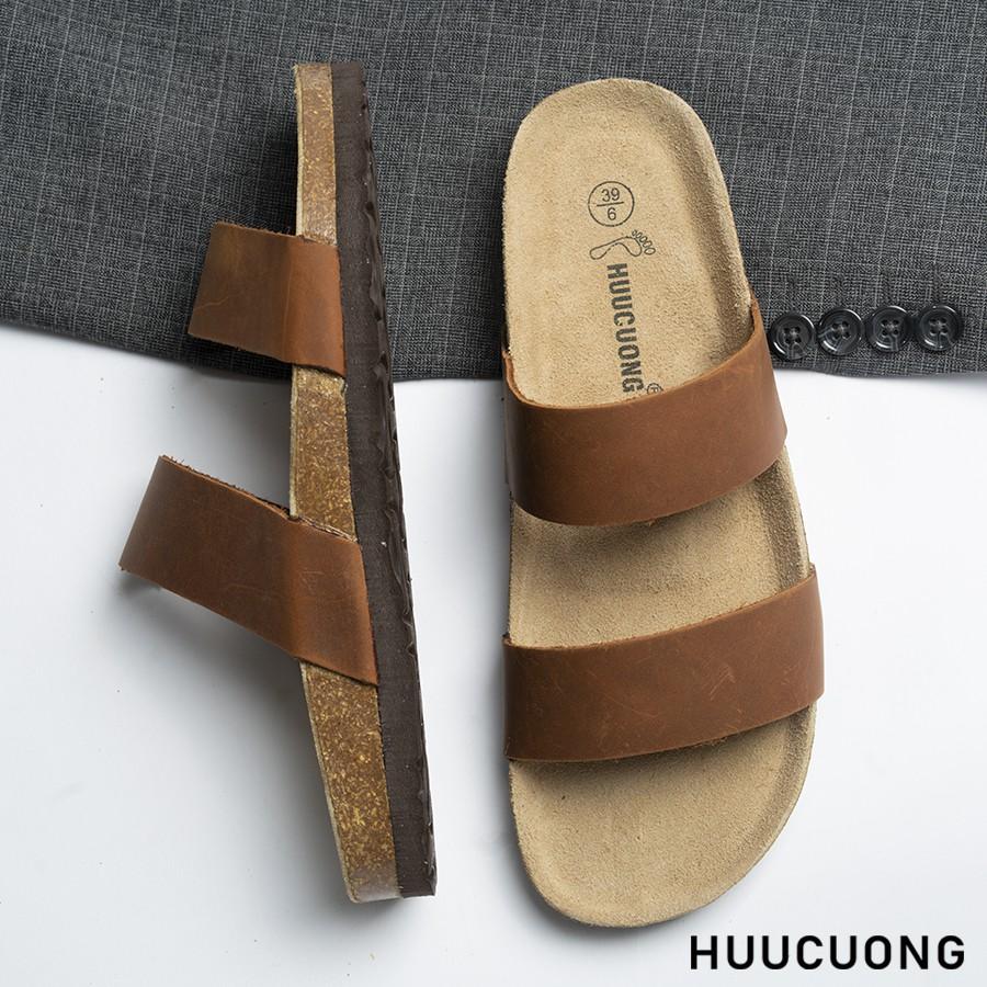 Dép unisex HuuCuong 2 quai da bò nâu đế trấu handmade