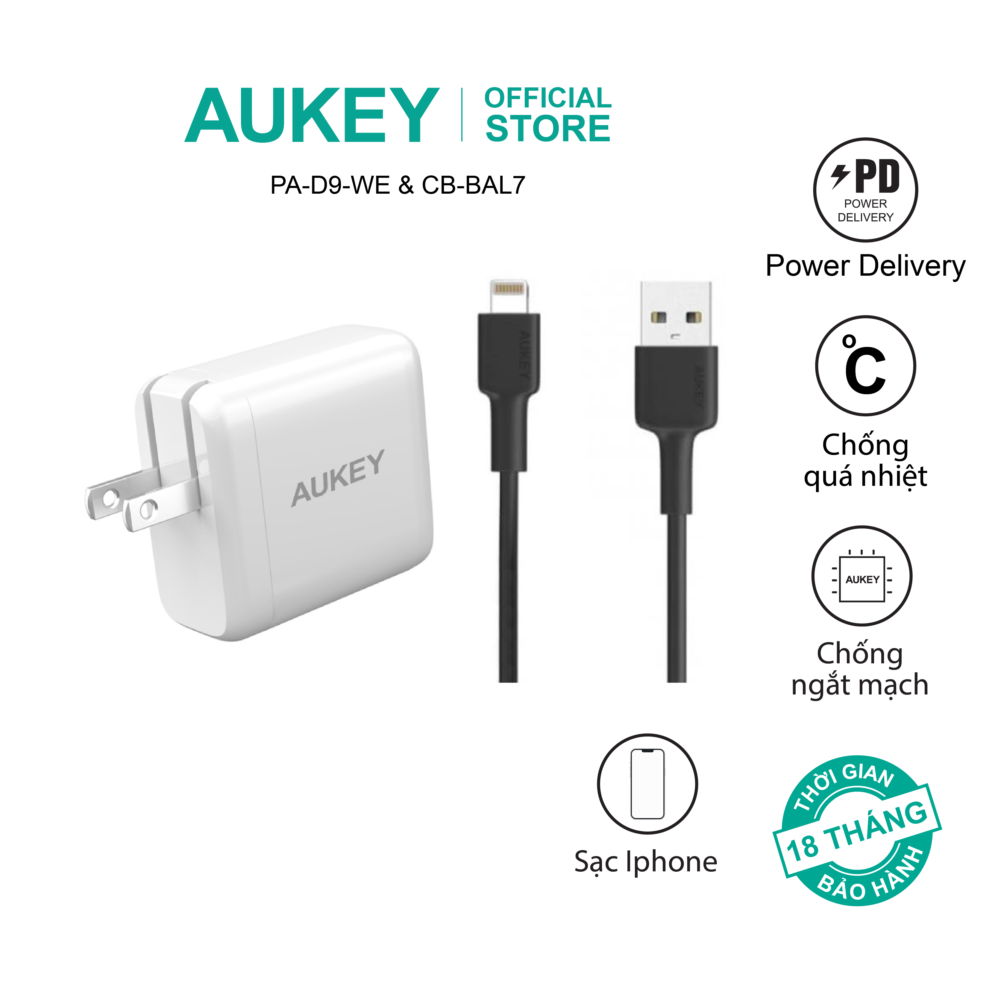 Combo bộ sạc Aukey cho Iphone củ sạc PA-D9 và cáp sạc CB-BAL7 hàng chính hãng