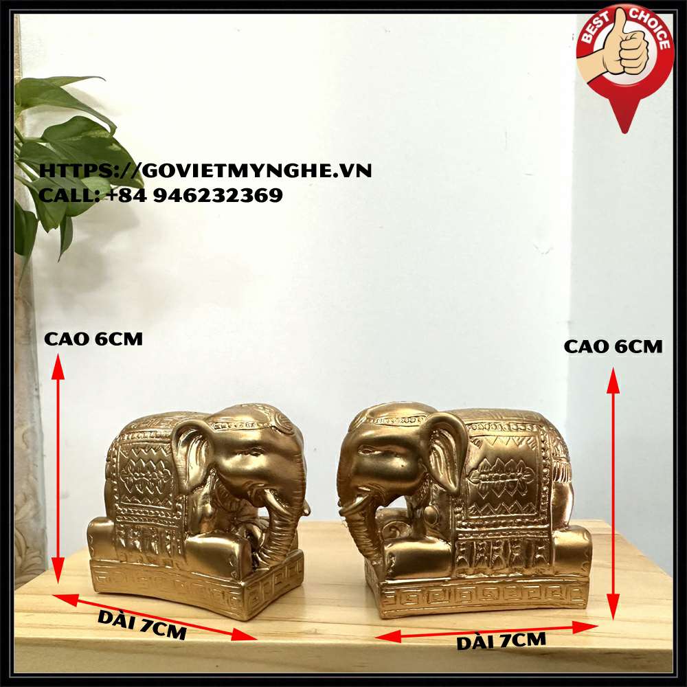 Cặp 2 tượng voi đá vòi hướng xuống ý nghĩa trường thọ - Cỡ nhỏ - Cao 6cm - nhũ đồng