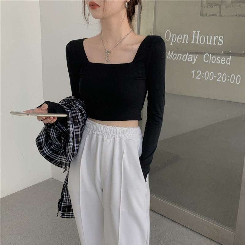 áo thun croptop nữ, áo croptop dài tay thu đông cổ vuông 3 màu xinh xắn