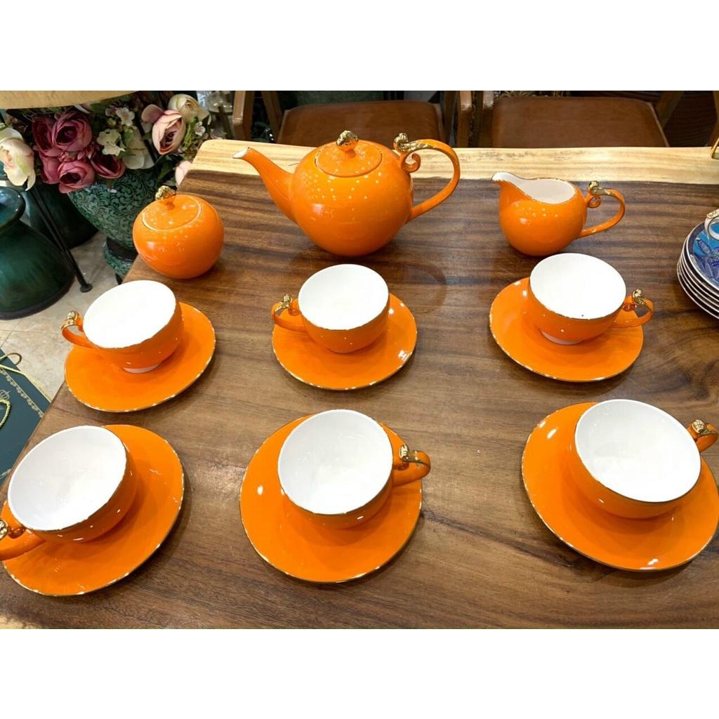 BỘ ẤM CHÉN PHA TRÀ SỨ XƯƠNG CAO CẤP KÈM 6 ĐĨA, 2 TỐNG ĐƯỜNG SỮA MÀU CAM
