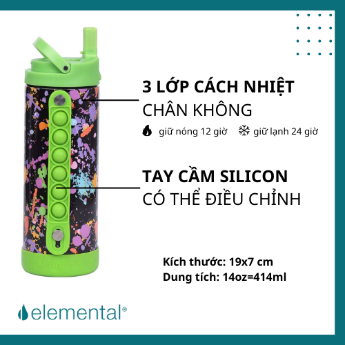 Pop it Elemental bình giữ nhiệt màu xanh splatter, bé mang đi học, giữ nhiệt tốt , hàng chất lượng cao, an tòan sức khỏe