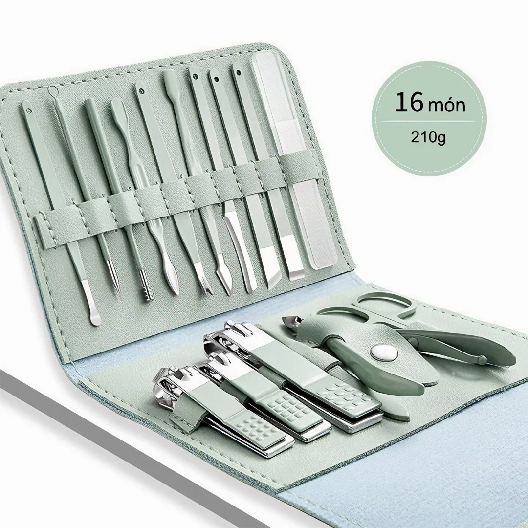 Bộ dụng cụ làm móng tay chân 16 món cao cấp đi kèm bao da tiện dụng inox - Hàng chính hãng
