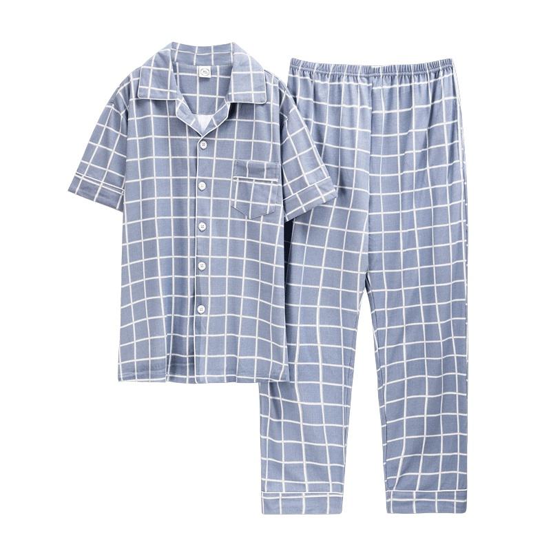 M2017-Bộ Pijama nam cộc tay cotton 100% thoáng mát mềm mại, kiểu dáng cơ bản, kẻ caro trẻ trung, size L-3XL