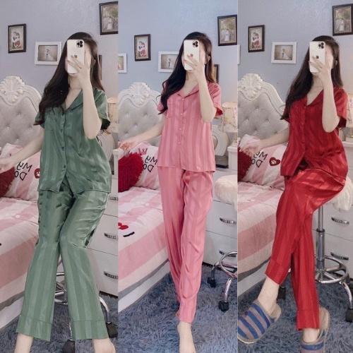 Đồ Bộ Pijama - Bộ Ngủ Lụa Gấm Kẻ Áo Cộc -Quần Dài